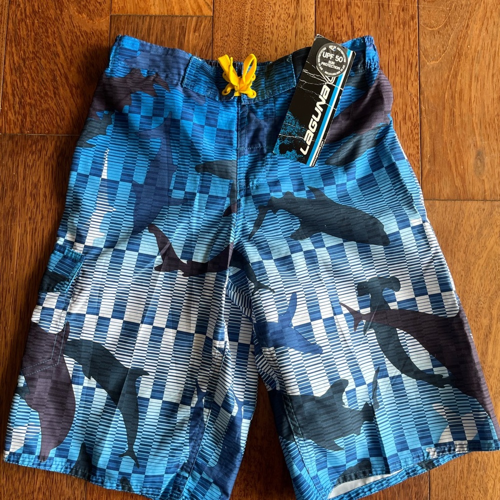 Laguna B Blue and Yellow Board Shorts with Camouflage Pattern